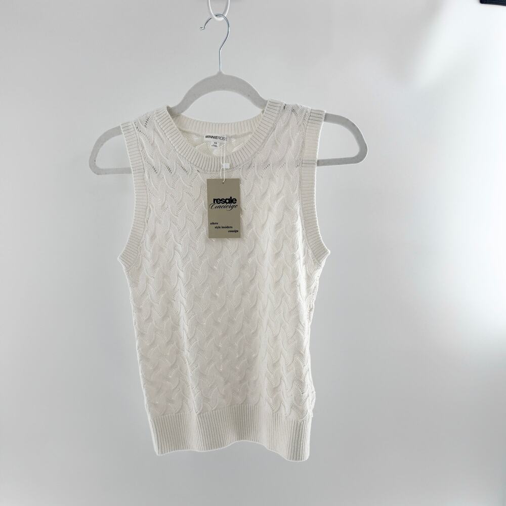 Minnie Rose Cotton Cashmere Blend Sleeveless Pointelle Sweater Vest Top White XS
